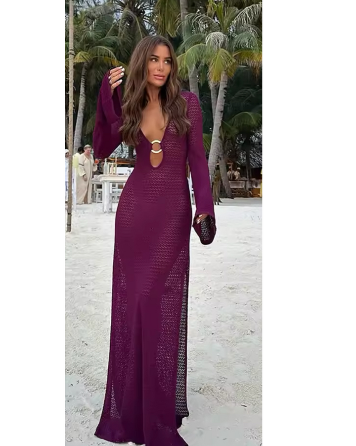Häkelkleid „Mara“ mit tiefem Ausschnitt - in lila und gelb