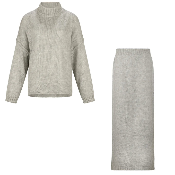 Zweiteiler "Kira" - Pullover mit Rock in grau, beige und schwarz