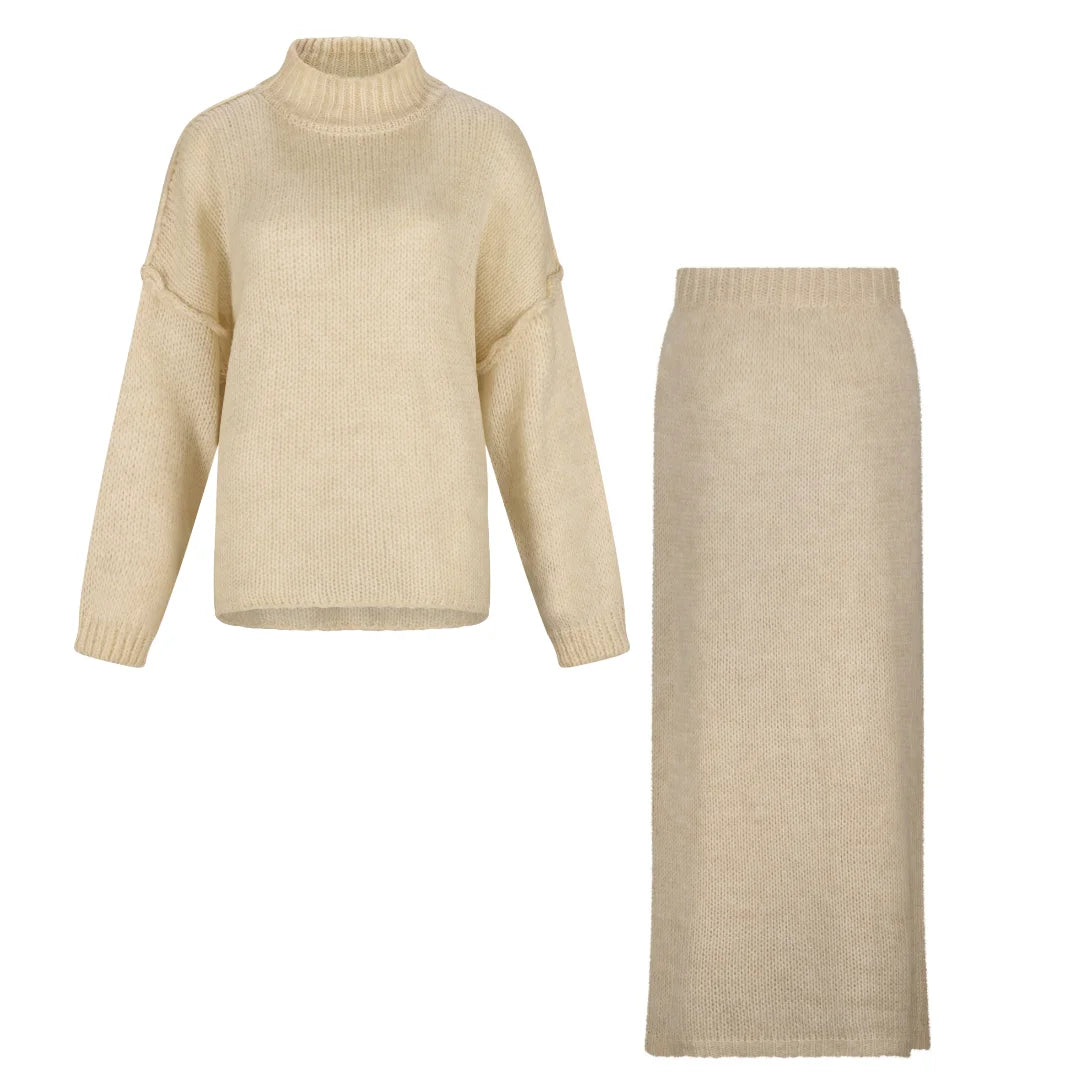 Zweiteiler "Kira" - Pullover mit Rock in grau, beige und schwarz